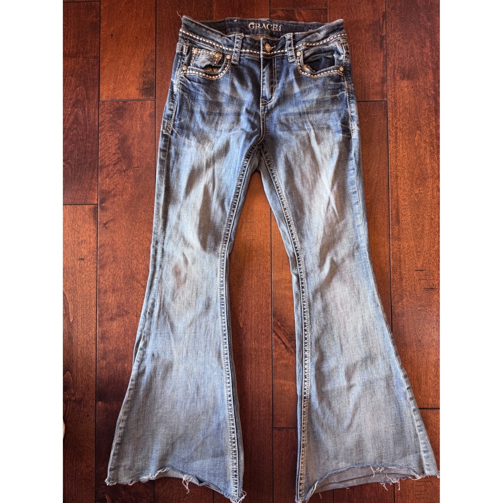 Grace in LA Women 27 Flare Jeans Medium Wash Embellished Raw Hem Western Rodeo - Picture 2 of 8
